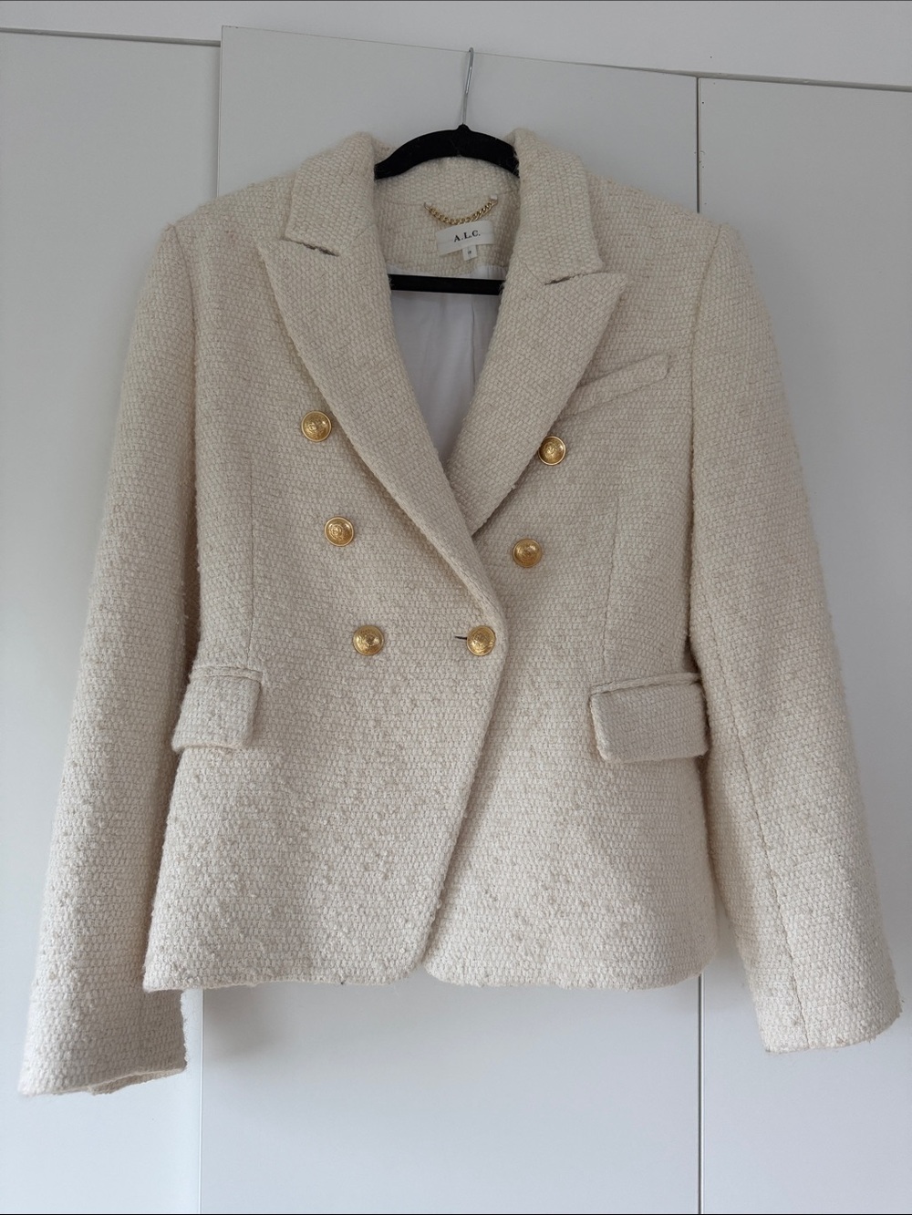 A.L.C. Cream Bouclé Double-Breasted Blazer with Gold Buttons
